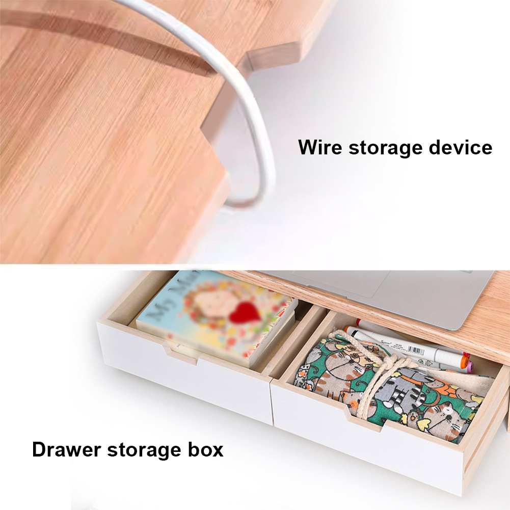 Wooden Monitor Desk Stand Riser Ergonomic Height with 2 Drawers Screen ...
