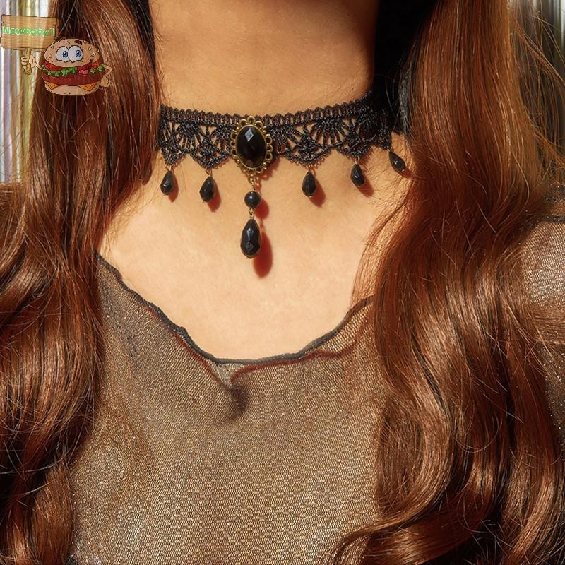 Gothic Black Lace Choker Necklace With Red Crystal - Vampire Halloween Costume Jewelry For Women