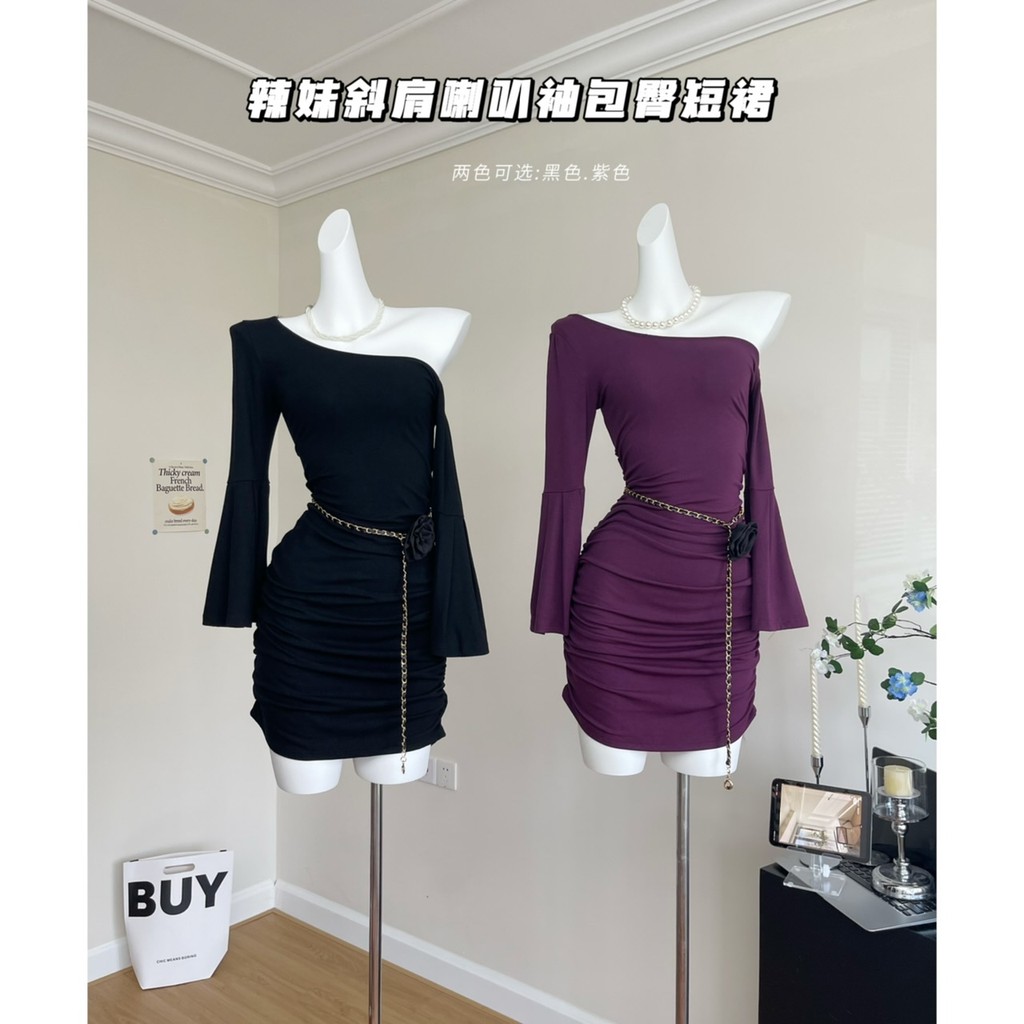 2025 off shoulder flared sleeve dress with feminine style, slim fit and ...