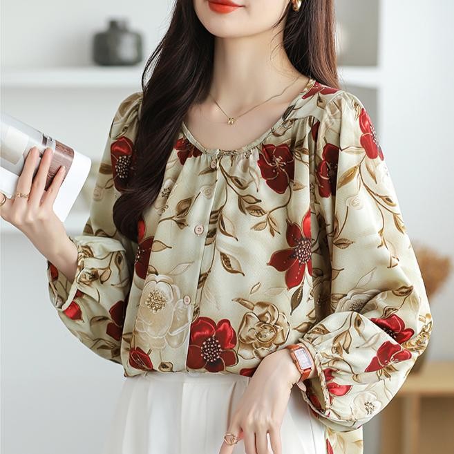Chiffon Embroidery Blouse Long Lantern Sleeve Loose Top Casual Wear Oversize Casual Wear