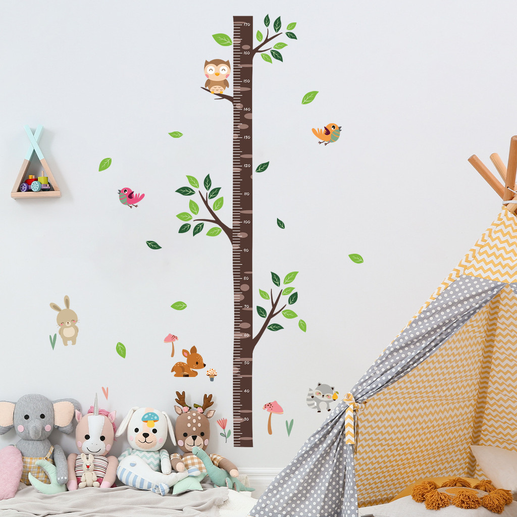 Jungle Animal Height Chart Wall Decal – Removable Tree Ruler Sticker With Squirrel & Owl, For Kids Bedroom Nursery Decor, Growth Measurement