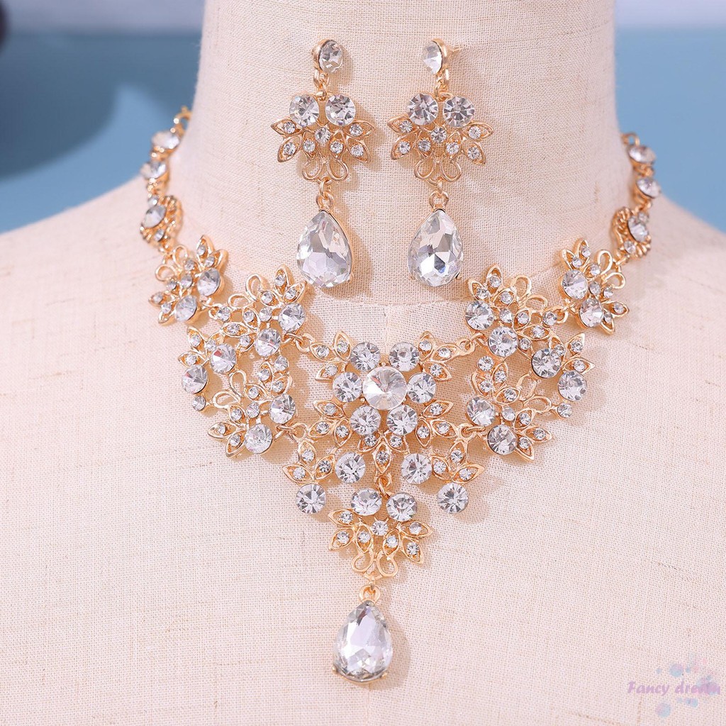 Bridal Full Rhinestones Necklaces Earrings Set Hypo-allergenic Dazzling ...