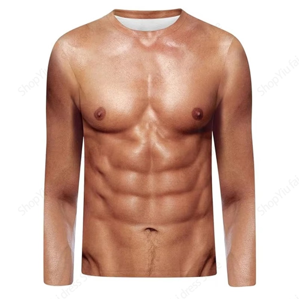 Crewneck Long Sleeve T-shirt 3D Funny Muscle Body Printed T-shirts Slim ...