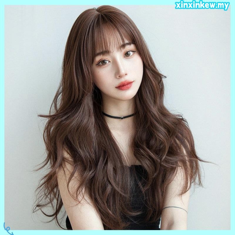 Wave Curl Full Hair Wig With Air bangs For Women Medium Length 45 CM ...