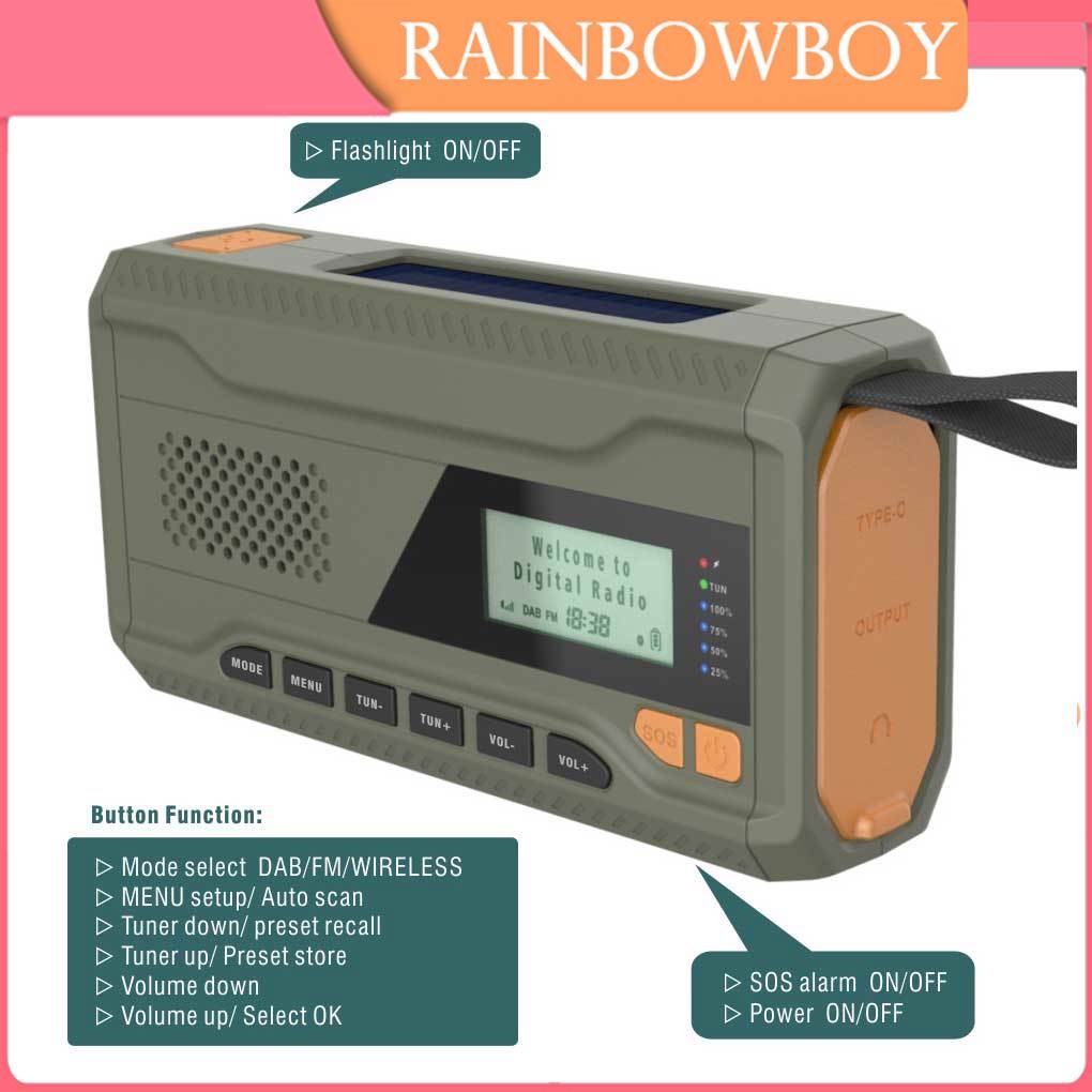 Saashi Emergency Solar Hand Crank Radio Portable Receiver LED Flashlight Reading Light.
