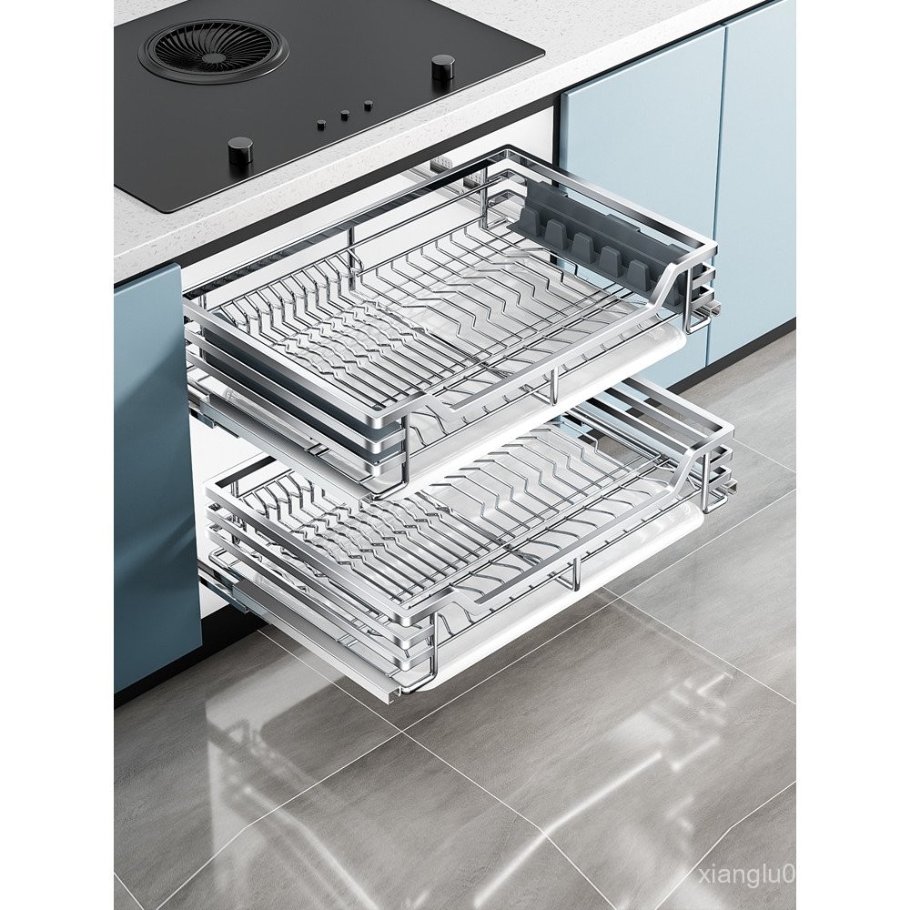 Double Layer Kitchen Cabinet Storage Dish Basket Pull Basket Stainless ...