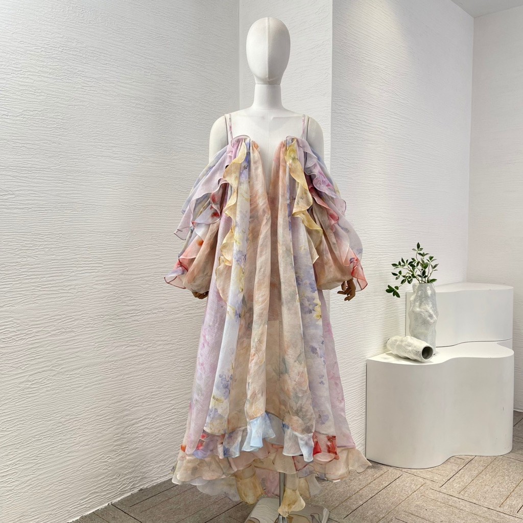 Floral Slanted Shoulder Long Sleeve Ruffle Irregular Maxi Dress
