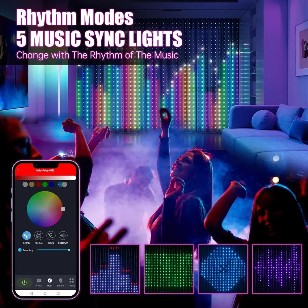 Smart Curtain Lights 400LED Bluetooth App LED String RGB Fairy Lights ...
