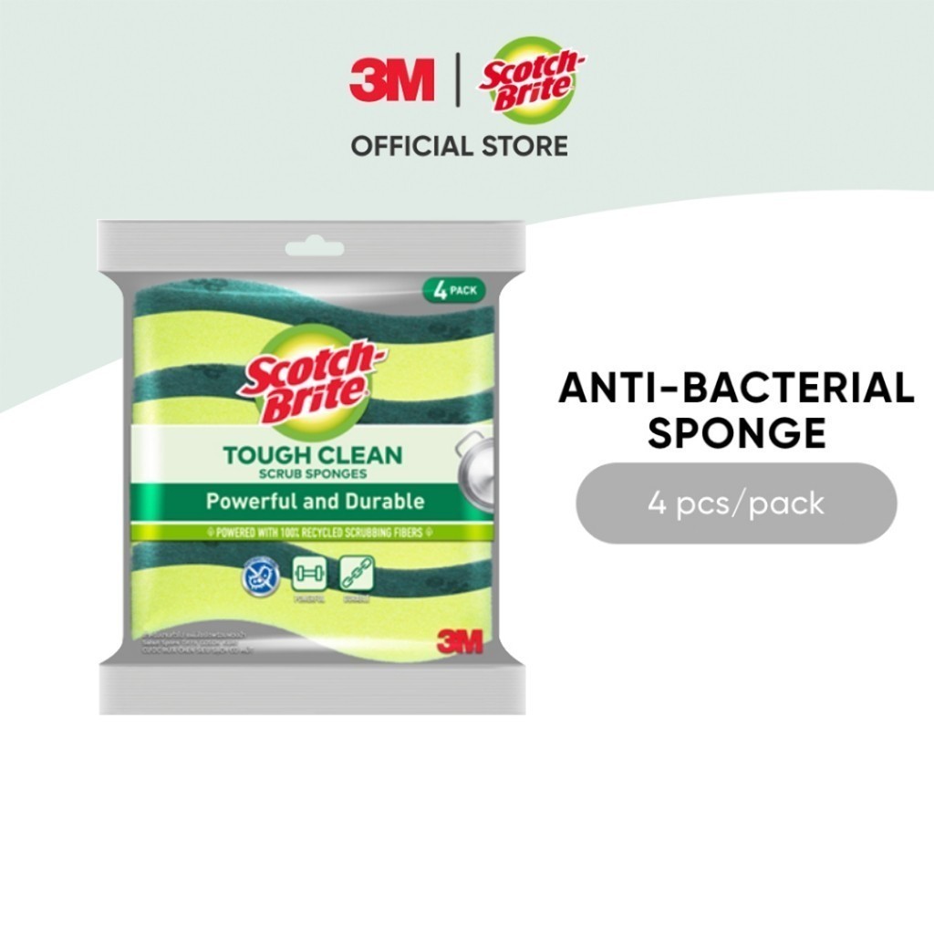3M Scotch-Brite Tough Clean Scrub Sponge, Anti Bacterial, 4 pcs/pack ...