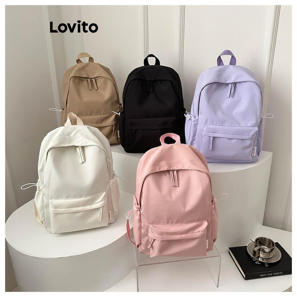Lovito Preppy Plain Zipper Pocket High Capacity Good Texture Backpack ...