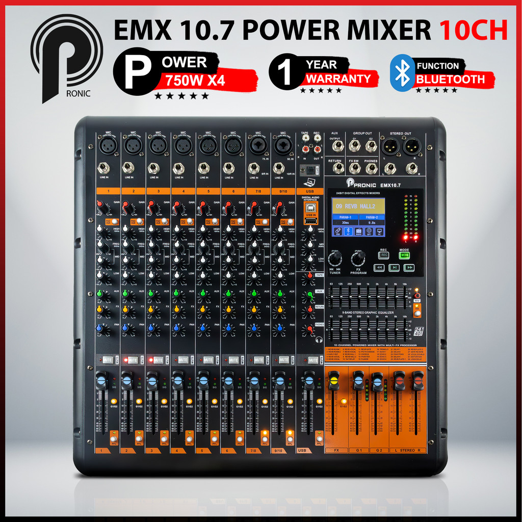 PRONIC 10 Channel Power Mixer 750W x4 with Bluetooth & Subwoofer Output ...