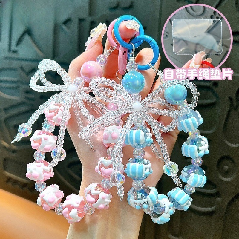 Creative Colorful Mobile Phone Strap Beaded Hand-painted Bag Pendant  Keychain Cake Double Chain Phone Charm Rope