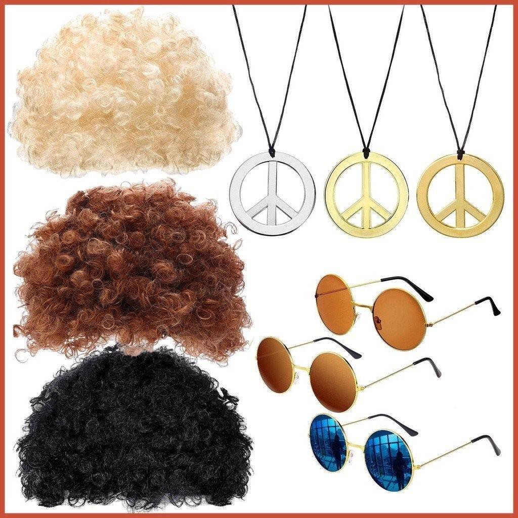 60s Hippie Afro Kit Adult Brown Wig Headband Necklace main image 1