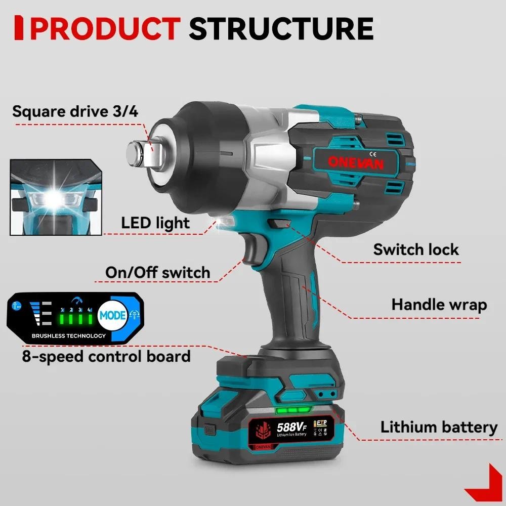 3500N.M Brushless Electric Impact Wrench Cordless 3/4 inch High Torque ...