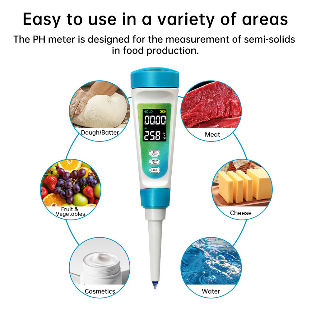 Food PH Meter – 0.00-14.00 PH High Accuracy Tester With Temp Sensor For Meat, Cheese, Dough, Canned Goods & Water
