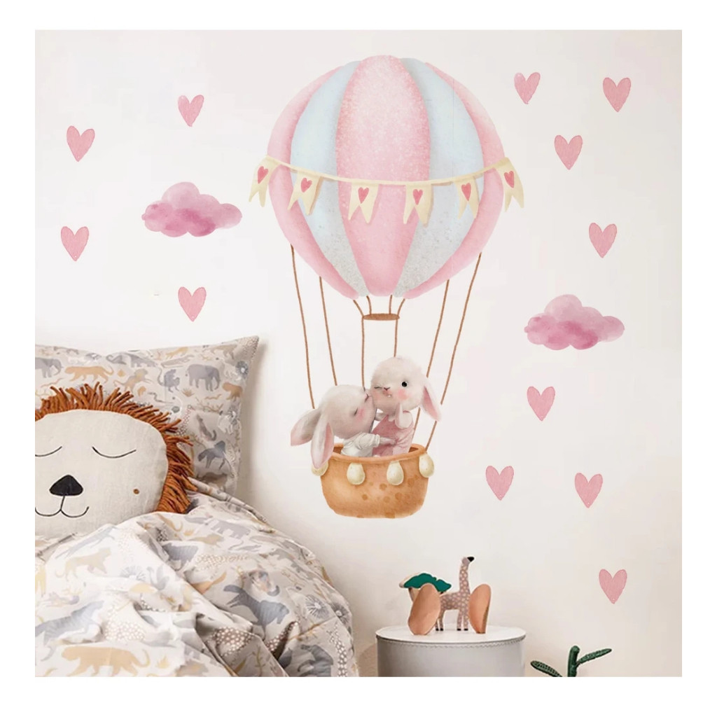 Pink Bunny Hot Air Balloon Removable Wall Stickers for Kids Room Baby ...