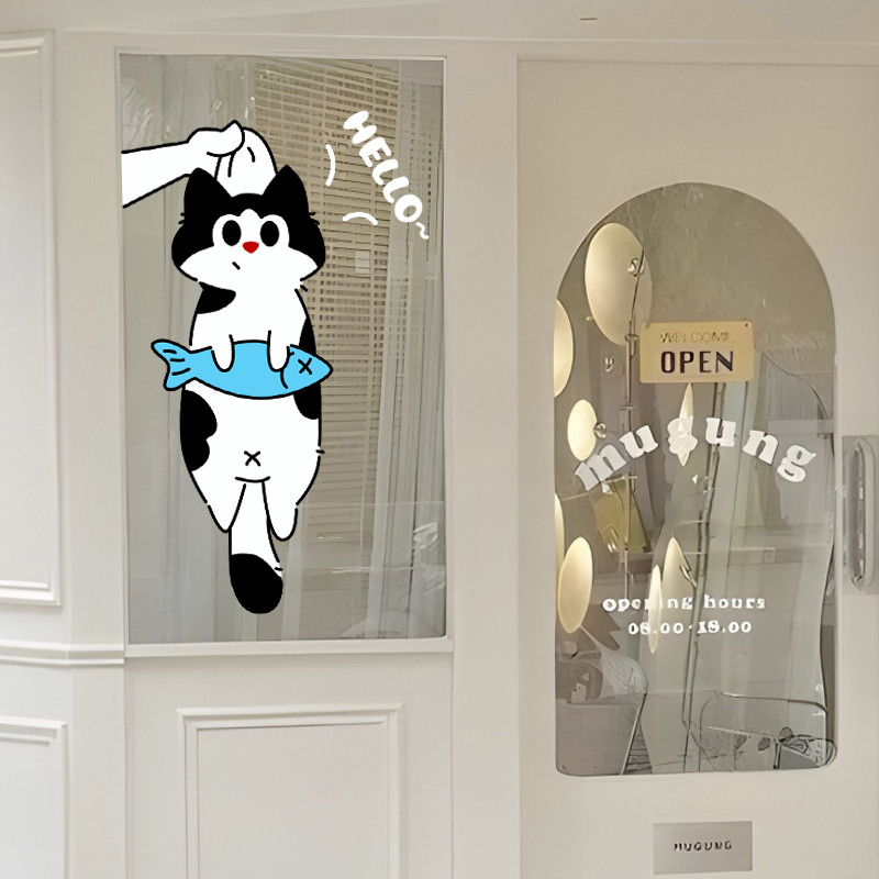Ins Cute Cat Hello Sticker Restaurant Convenience Store Glass Door ...