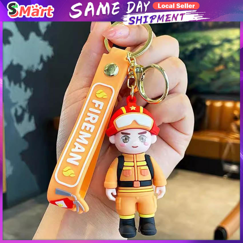 Cartoon Firemen Key Chain Creative Car Keyring Firefighter Pendant Kids ...