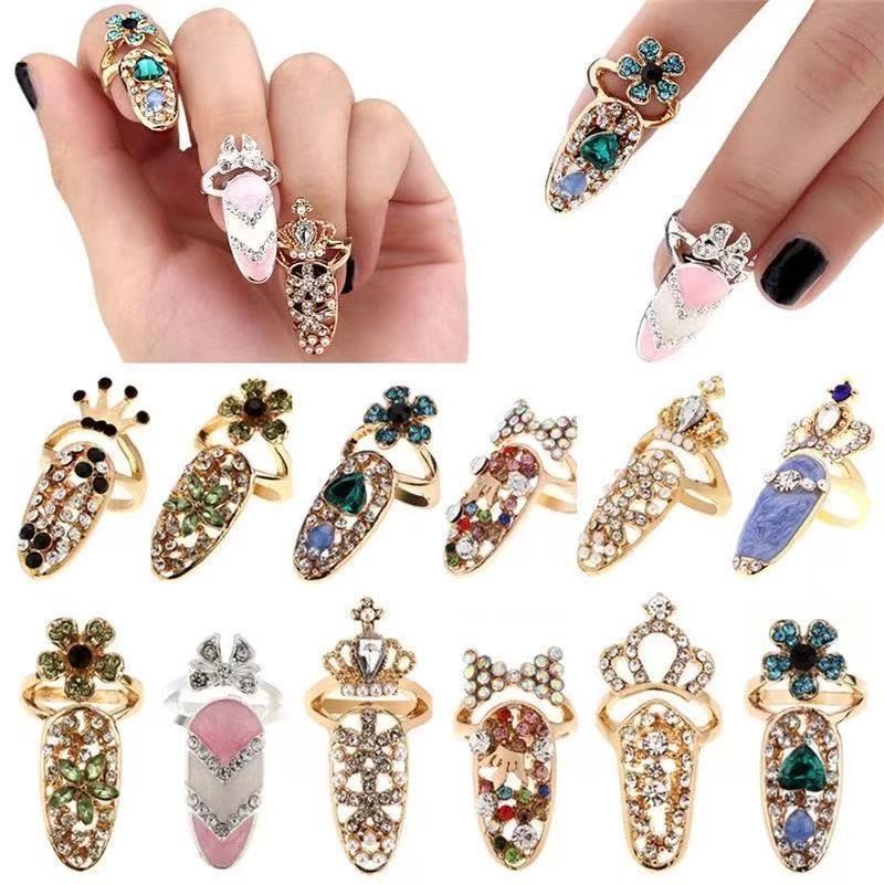 Unique Manicure Joint Nail Ring Jewelry Water Drop Gem Crown Diamond ...