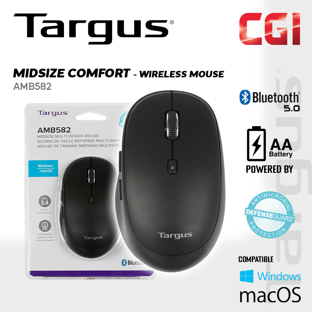 Targus AMB582 Midsize Comfort Multi-Device Antimicrobial Wireless Mouse ...