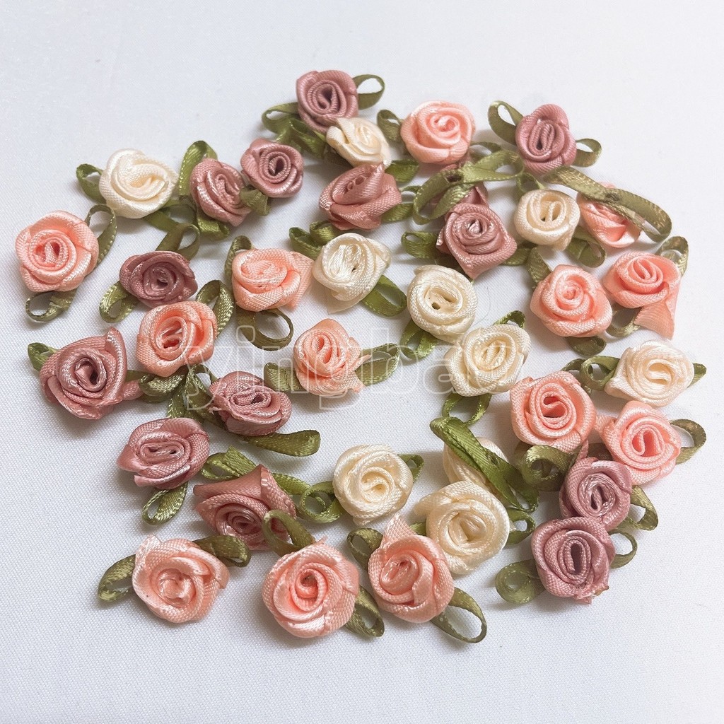 100PCS/Lot Mini Handmade Rose Flower Satin Ribbon Rosettes Fabric ...