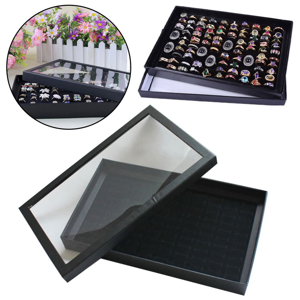 thumbnail image 2 of USJS Black Glass Top Jewelry Display Box – 12 Compartments – Wood With Leatherette Finish 2 of 6