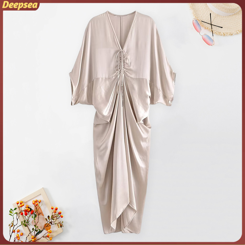 DPA Casual Style Gown for Women V-neck Midi Dress Elegant Satin V Neck ...