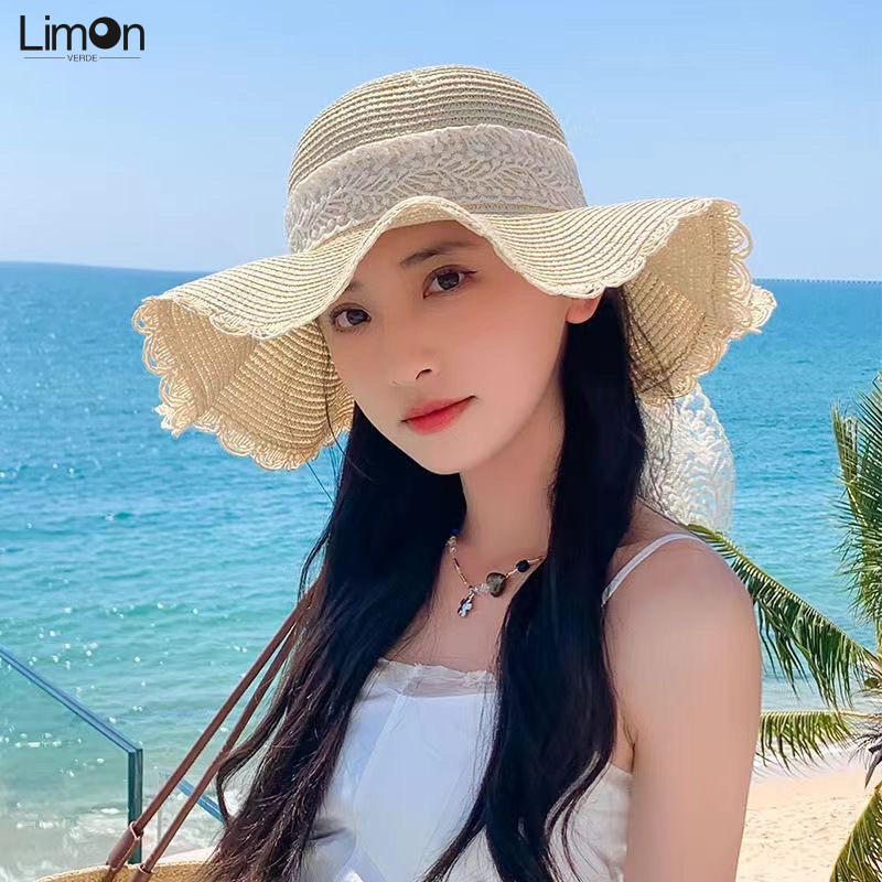 Topi pantai musim panas versi Korea, topi jerami busur renda ...
