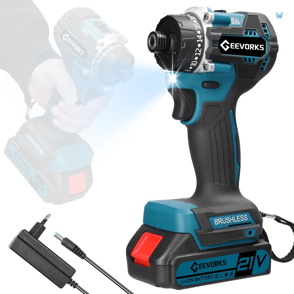Geevorks 21V Cordless Electric Drill Brushless Motor 2 Speeds Control ...