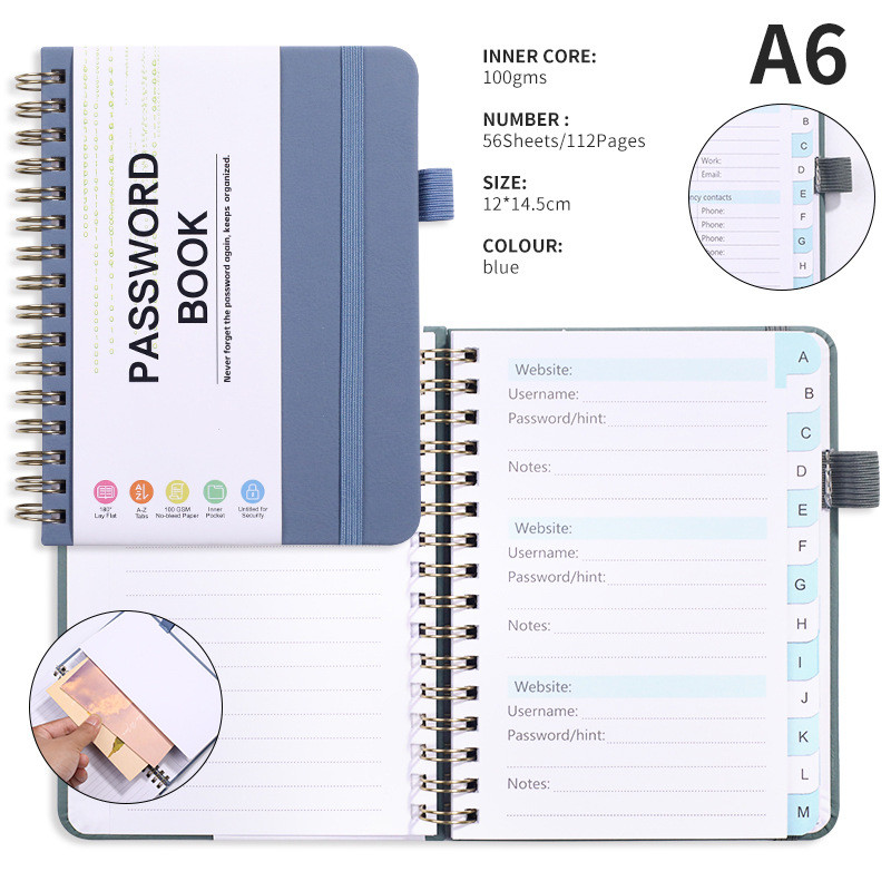 A6 Spiral Password Keeper Book,Alphabetical Tabs Notebook,Faux Leather ...