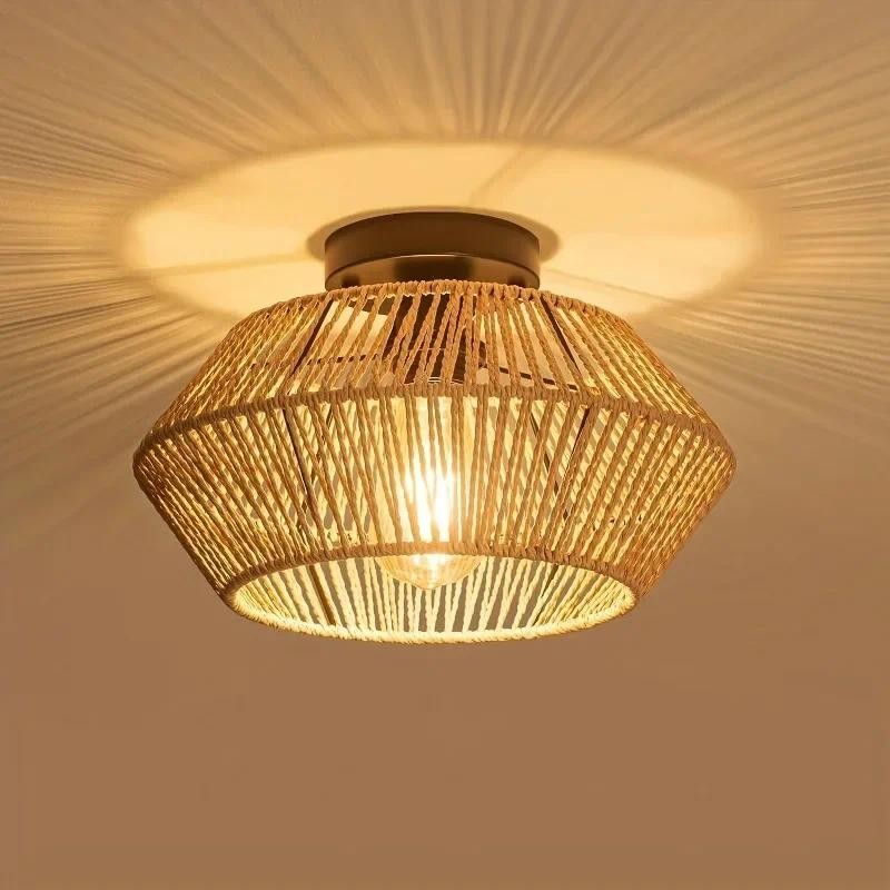 Bohemian Rattan Woven Ceiling Light Fixture Handcrafted Cage Shade Semi ...