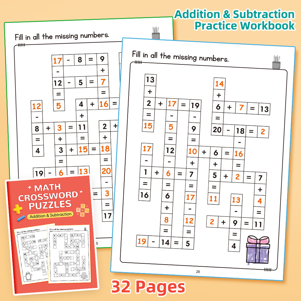 32Pages/Set Math Crossword Puzzles Practice Book for Kids Subtraction ...