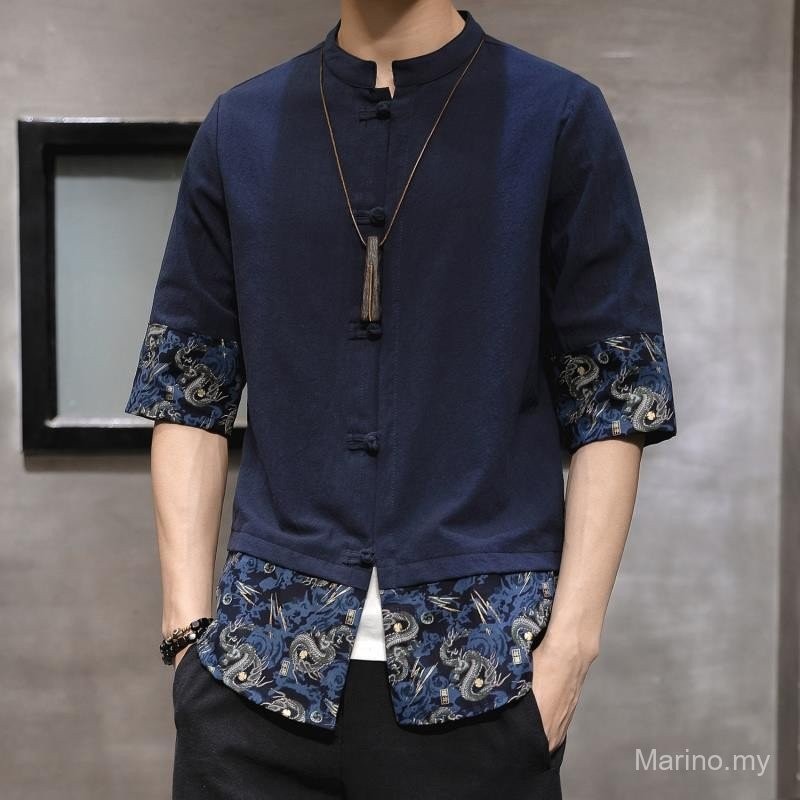 Chinese Men's Ice Silk Tang Shirt - Short Sleeve Hanbok, Harajuku Retro Print, Casual Summer Top, Breathable Fabric
