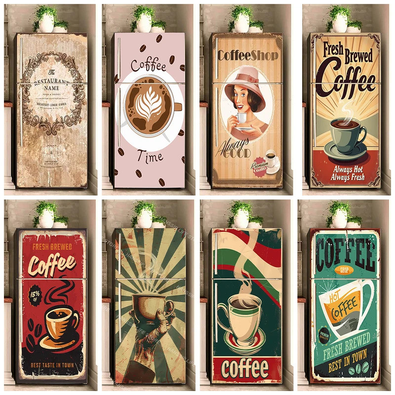Custom refrigerator sticker Retro Coffee Background Fridge Door Sticker ...
