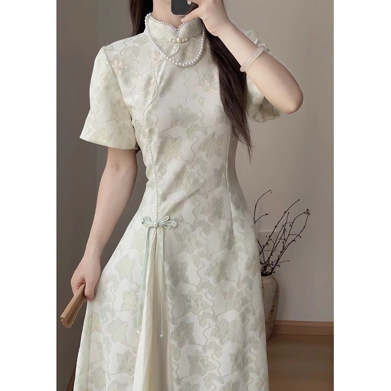 New Chinese style summer temperament peach blossom embroidered cheongsam slim split end sexy dress women's clothing N4091