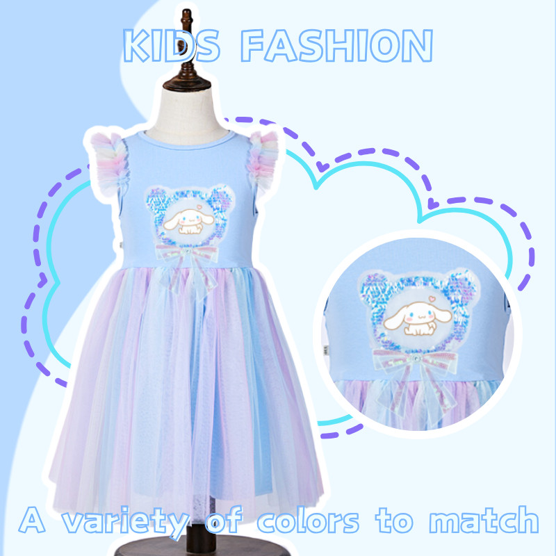 Girls Gauze Dresses Cinnamoroll Sequins 3D Bow Colorful Rainbow Dresses  Kids Cute Flying Sleeve Baby Clothes