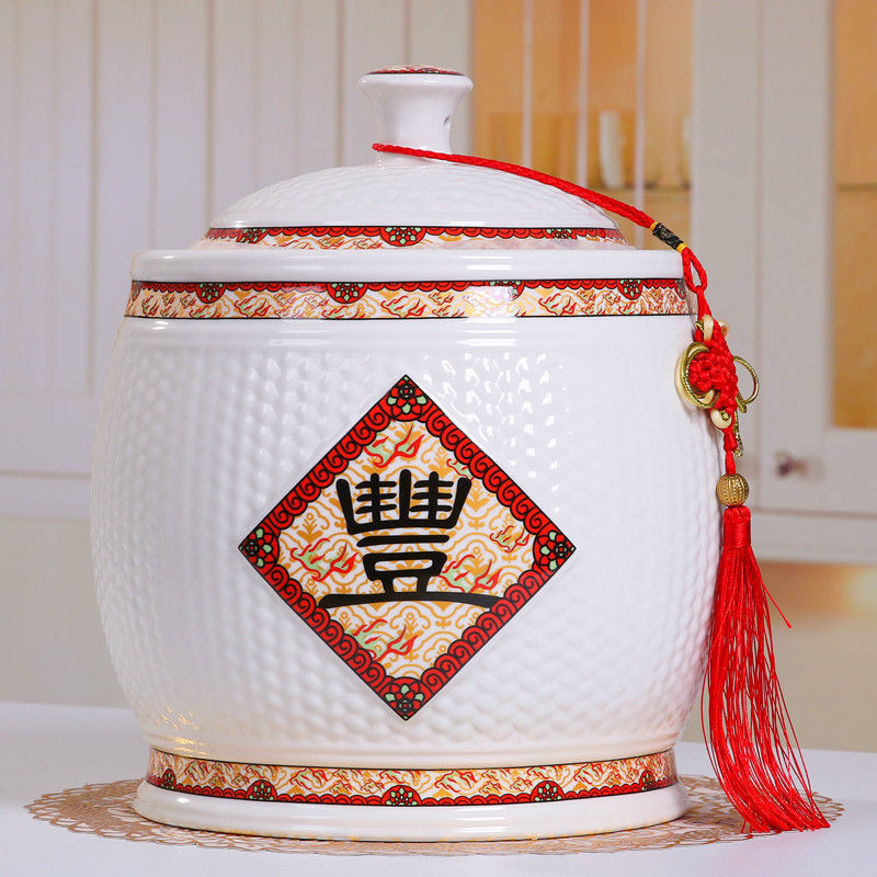 Ceramic Rice Cylinder with Lid Household Jingdezhen Packed Rice Bucket ...