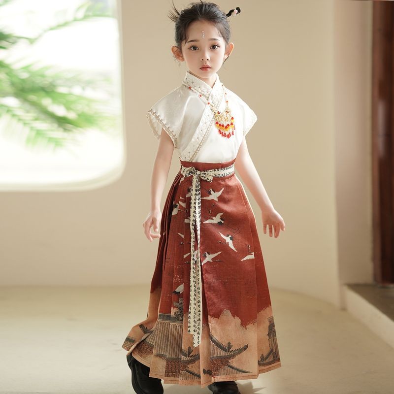2 Pieces Kids Girls Ancient Hanfu Black Horse Face Skirt Costume Dress