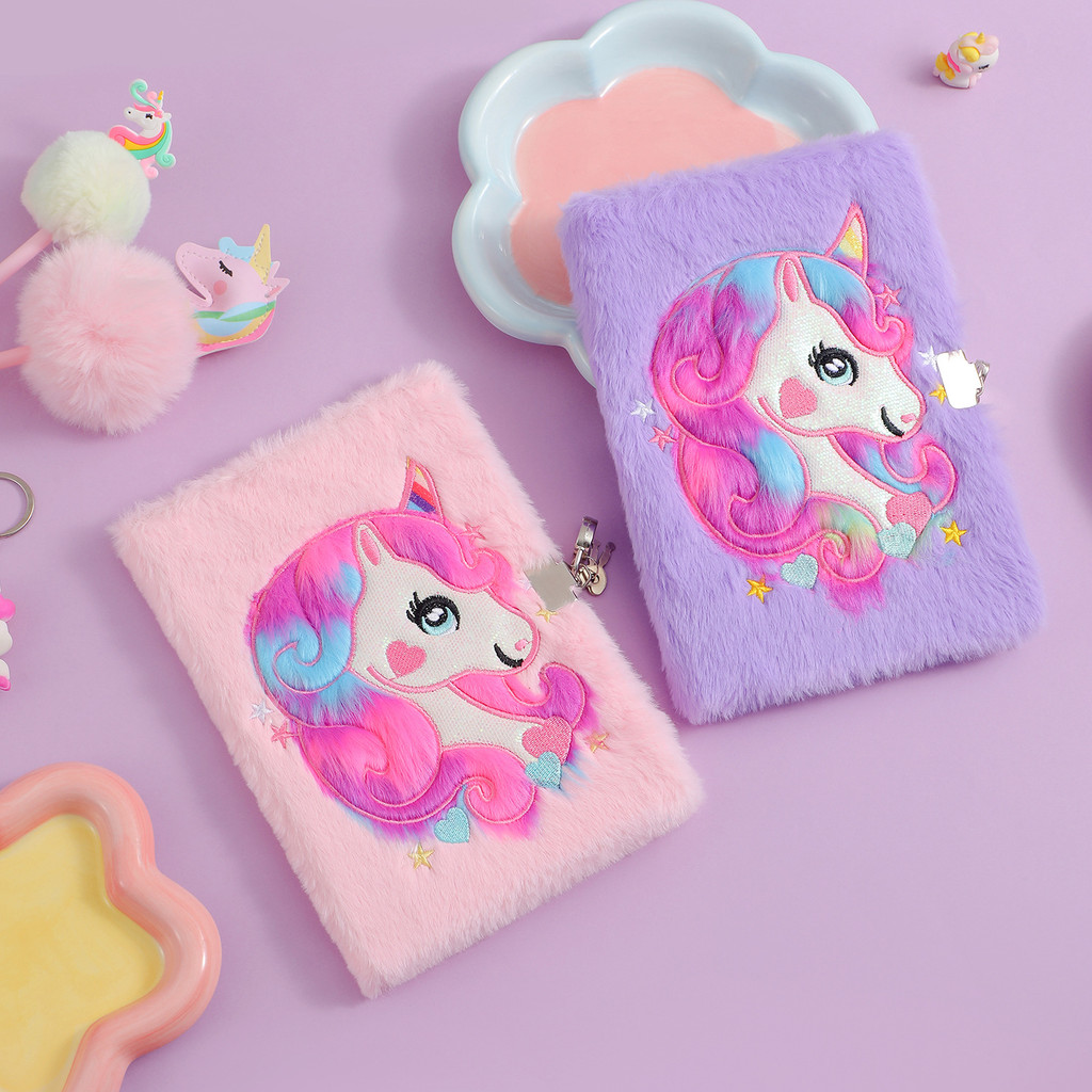Cartoon Cute Unicorn Plush Notebook A5 Locked Diary Student Handbook ...
