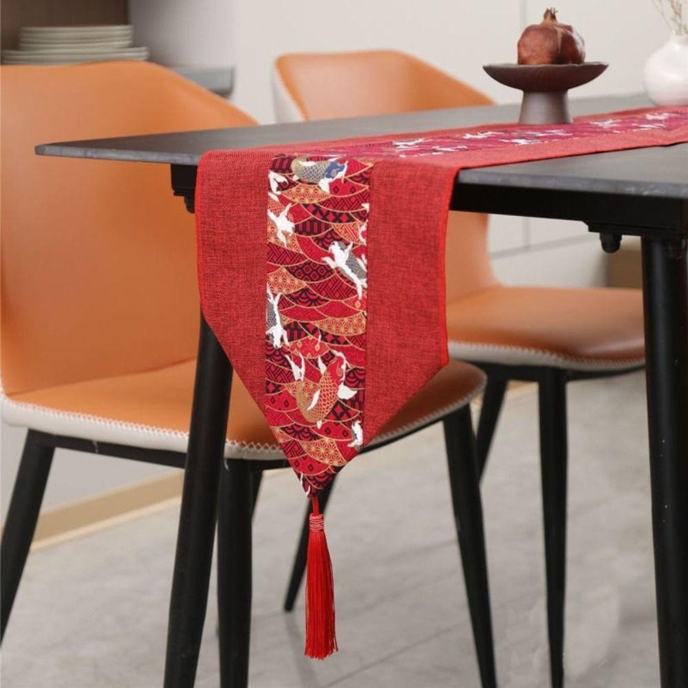 YONGTUO Red Chinese Style Table Runner, with Tassel Cotton Linen ...