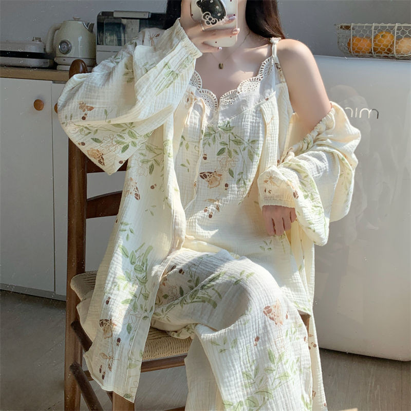 #春秋季田园风花边吊带睡衣女新国风蝴蝶印花长袖三件套家居服,, Spring Autumn Pastoral Style Lace Sling ...