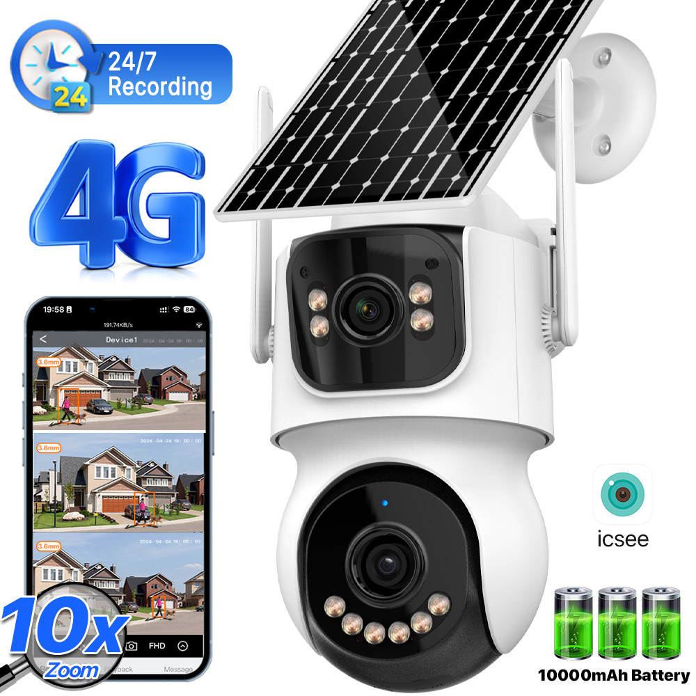 4G Sim Solar Camera 10X Zoom AOV 24 Hours Record Camera Outdoor Three ...