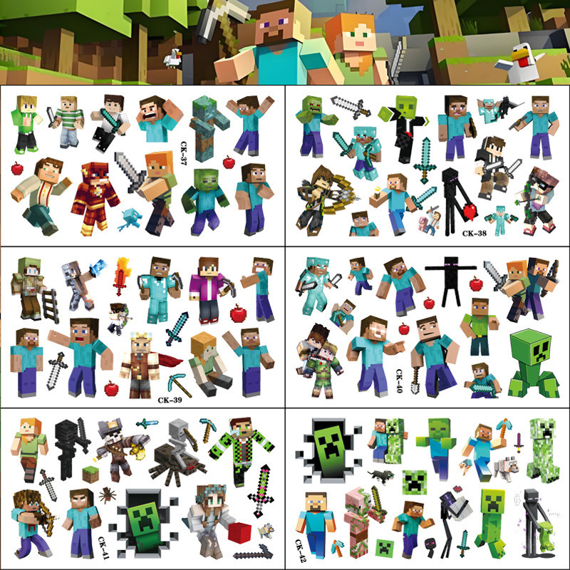 My World Game Theme Kids Minecraft Tattoo Stickers Birthday Party Water ...