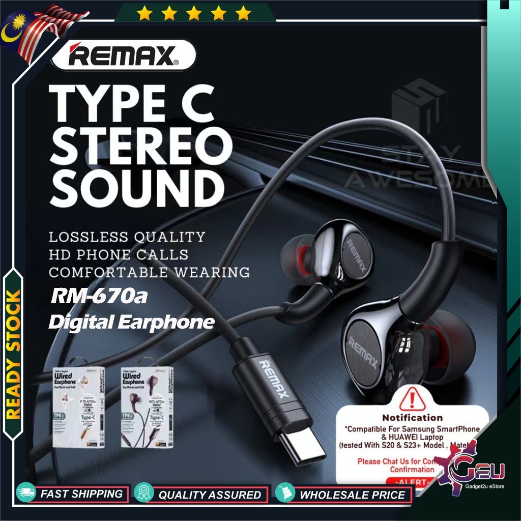 Original Remax RM-670a Type-C Digital Music Call Wired Earphones with ...