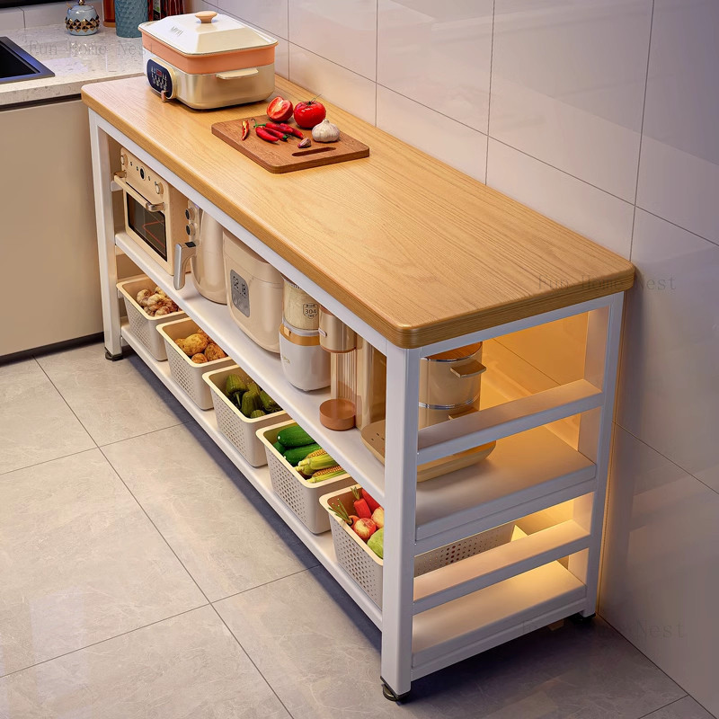 Kitchen shelf floor standing vegetable cutting table workbench multi-layer microwave cookware ...