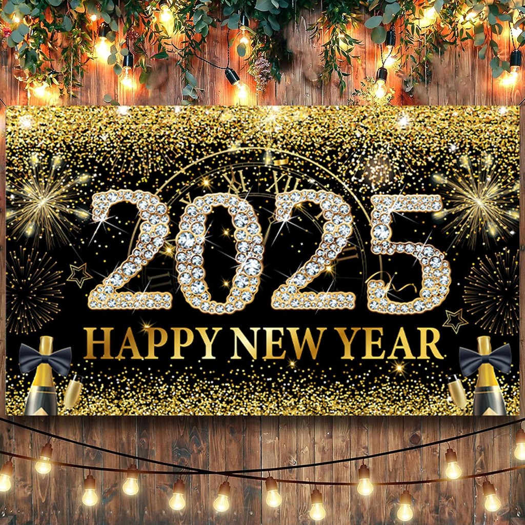 2025 Happy New Year Backdrop 71 x 43in New Year Home Photo Booth Black ...