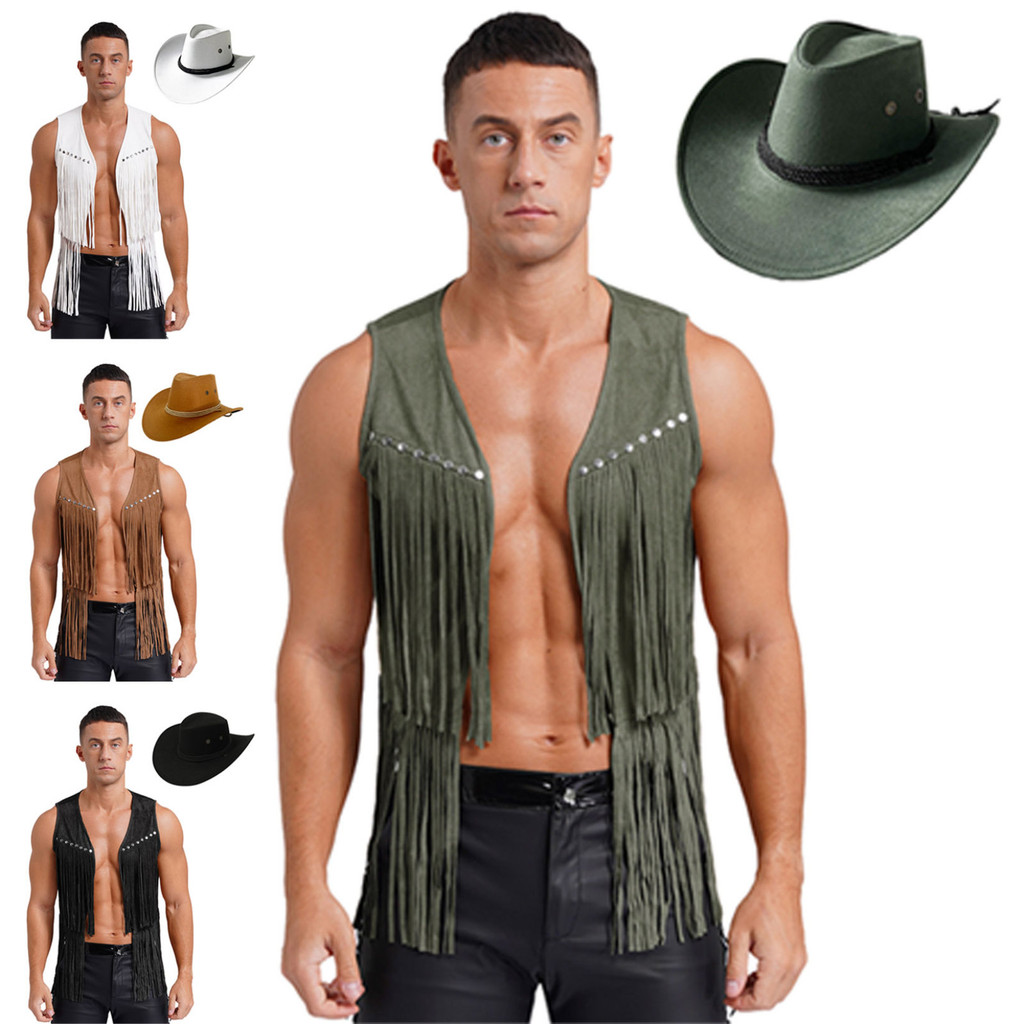 7 Pièces Costume de Cowboy Western pour Femme, Ensemble d'accessoires de Cowgirl avec Gilet à Pompons Chapeau Collier Bohème Boucles d'Oreilles Bagues Bracelets pour Halloween Carnaval Cosplay