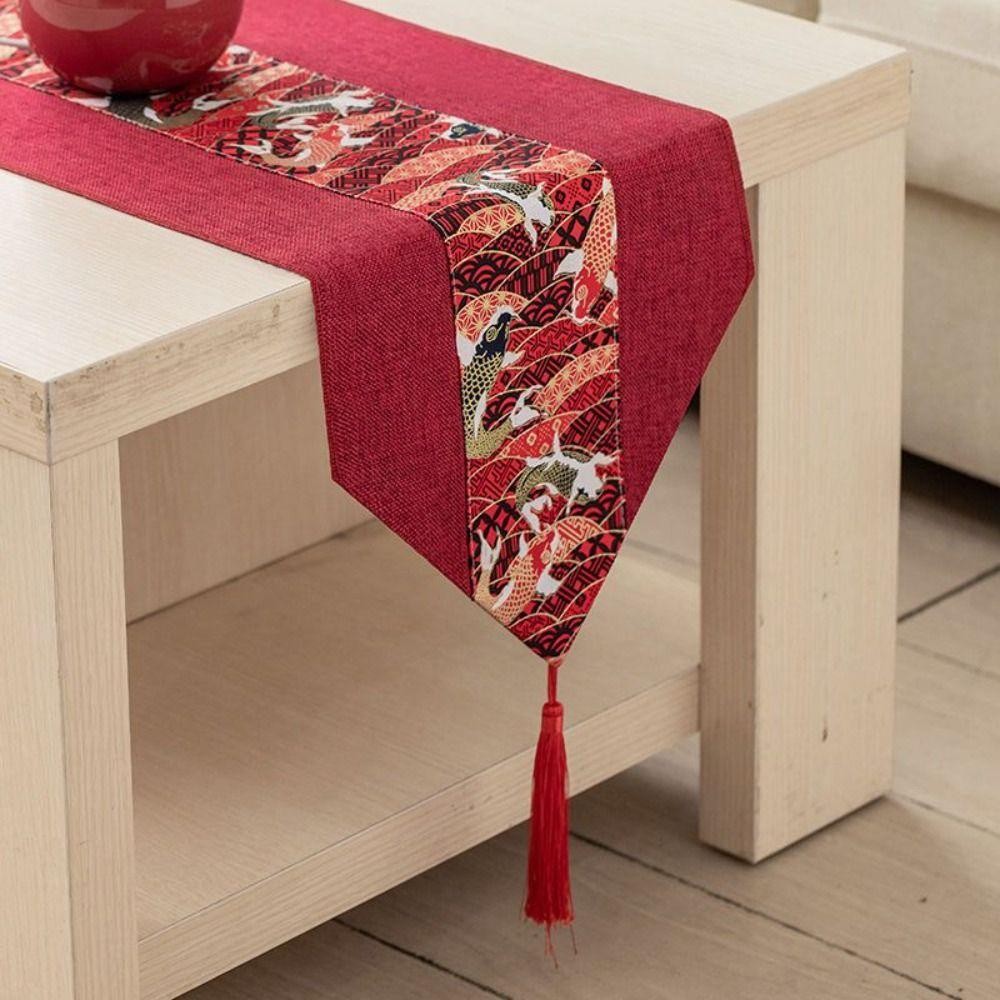 YONGTUO Red Chinese Style Table Runner, with Tassel Cotton Linen ...