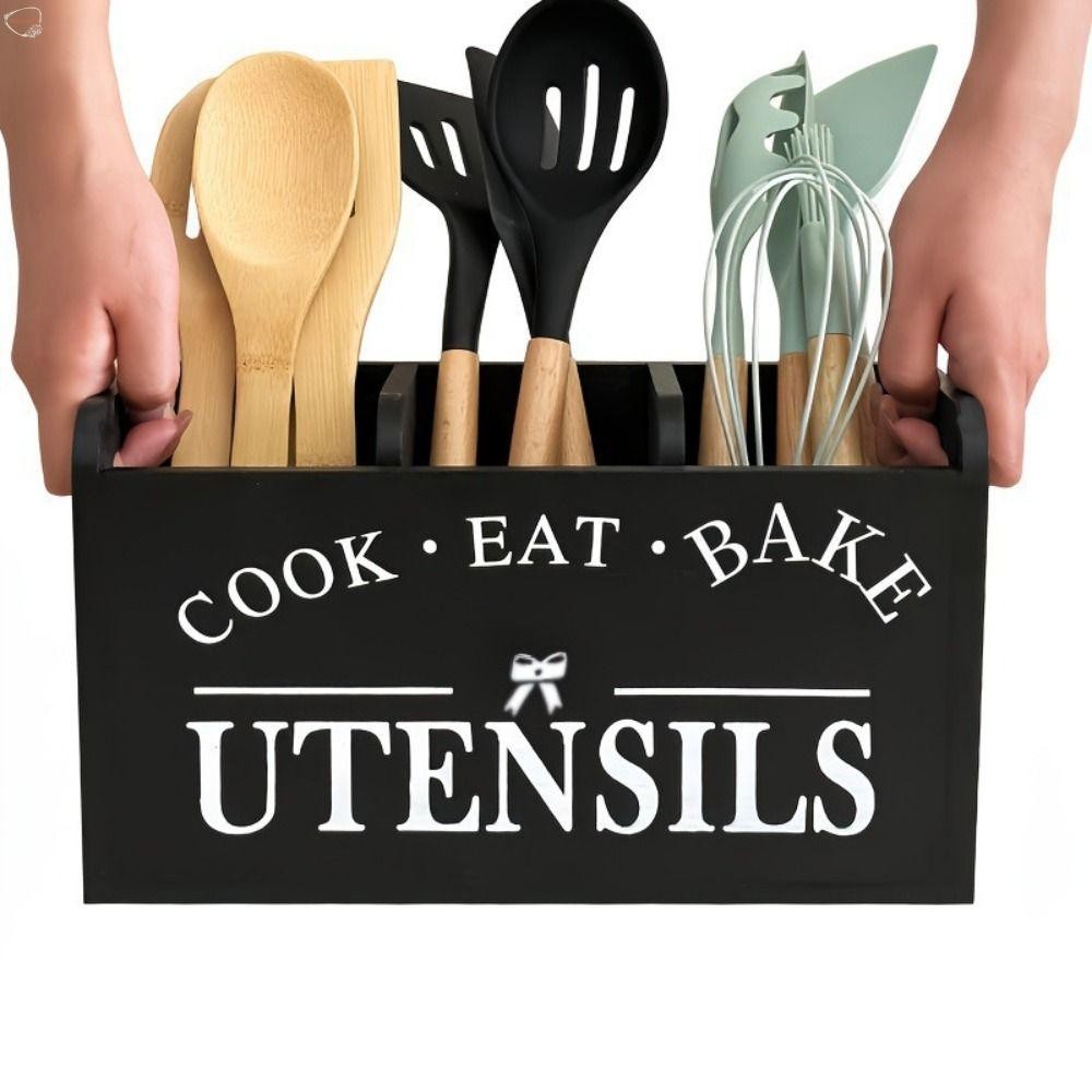 MXBEAUTY Kitchen Utensil Holder, 3 Compartments Drain Hole Wooden ...