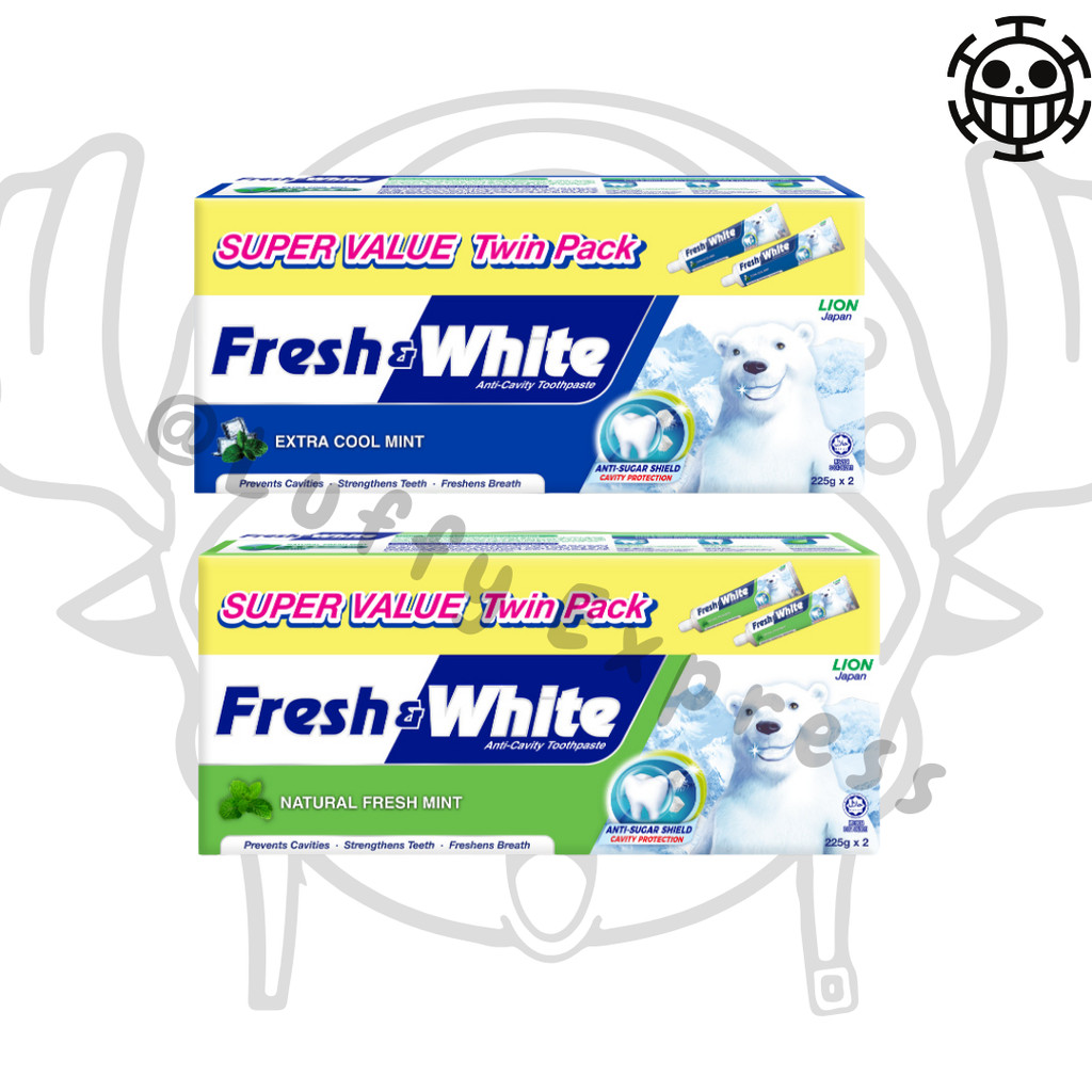 FRESH & WHITE Extra Cool Mint Natural Fresh Mint Toothpaste 2x225g Twin ...